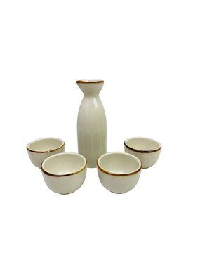 Pottery Barn Asian Japanese Tea Sake Set w/ 4 Cups Beige Brown - Made in Japan